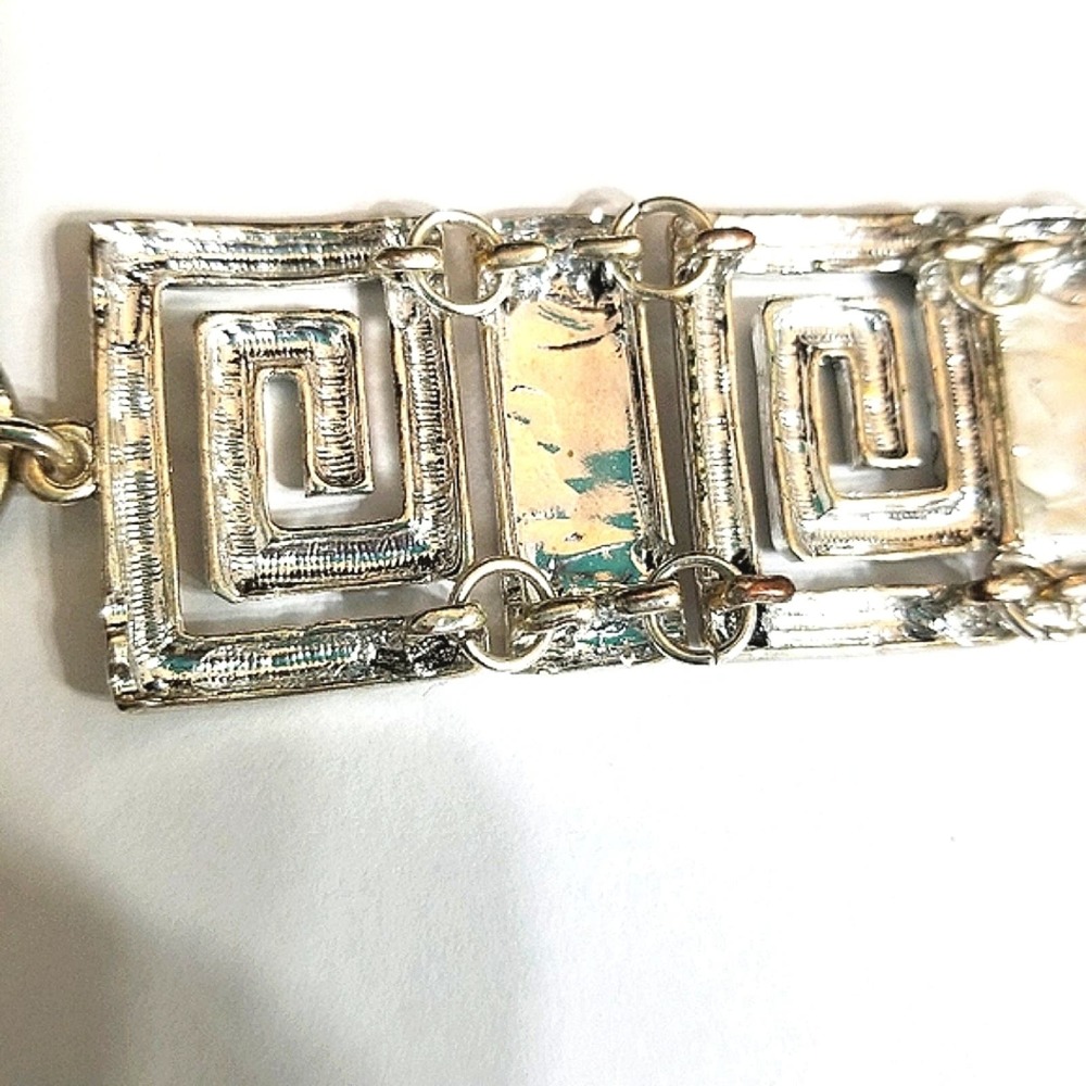 Greek Keysquare Bracelet Chunky Silvertone & Black Spiral Link T-Bar Closure - Picture 10 of 14